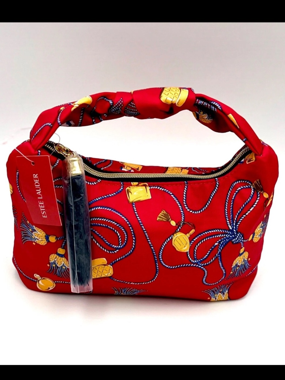 Estee Lauder Red Silk-Print Handle Cosmetic Pouch with Gold Accents